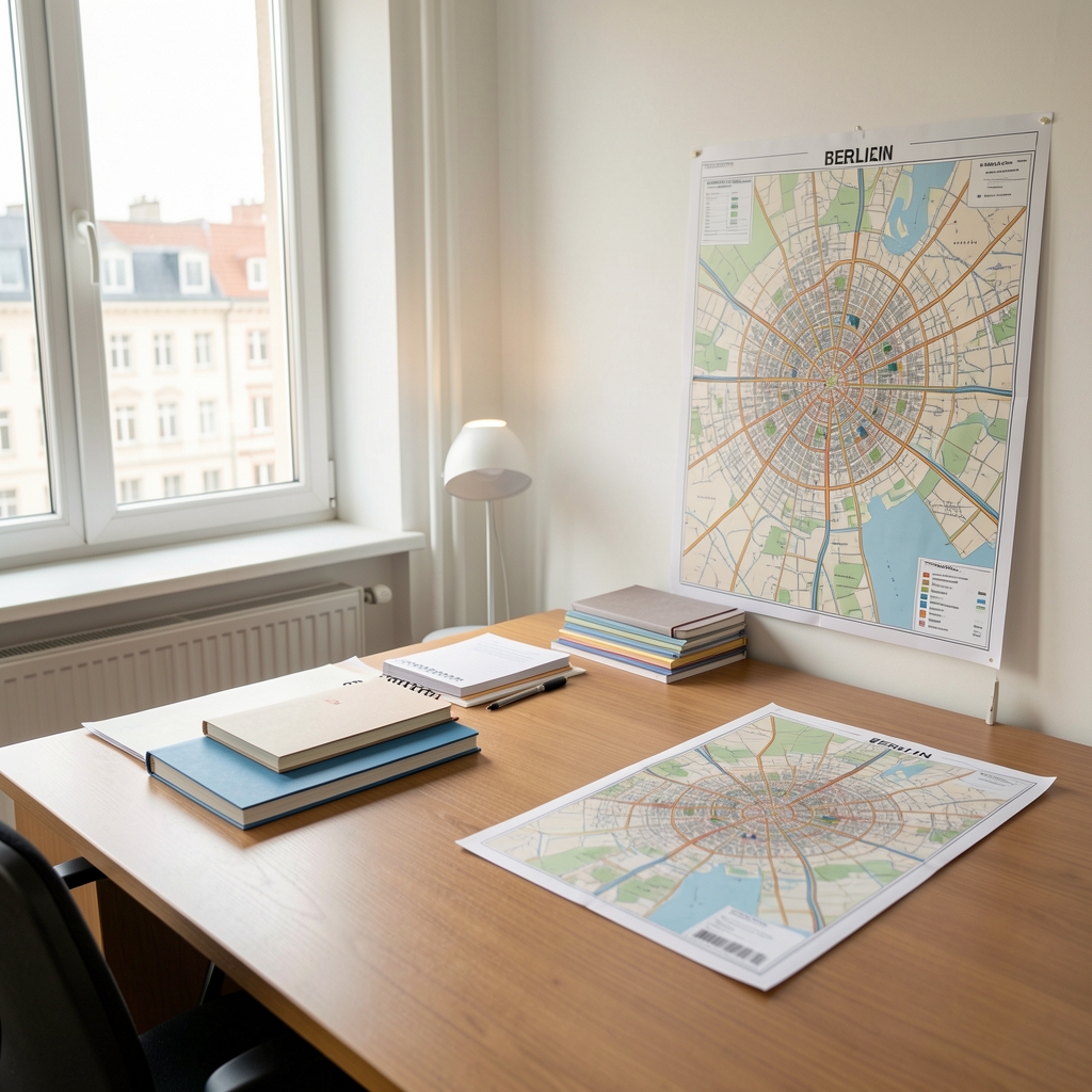 Redaktionsraum mit Schreibtisch, Notizheften und Stadtplan von Berlin, helles natürliches Licht durch Fenster