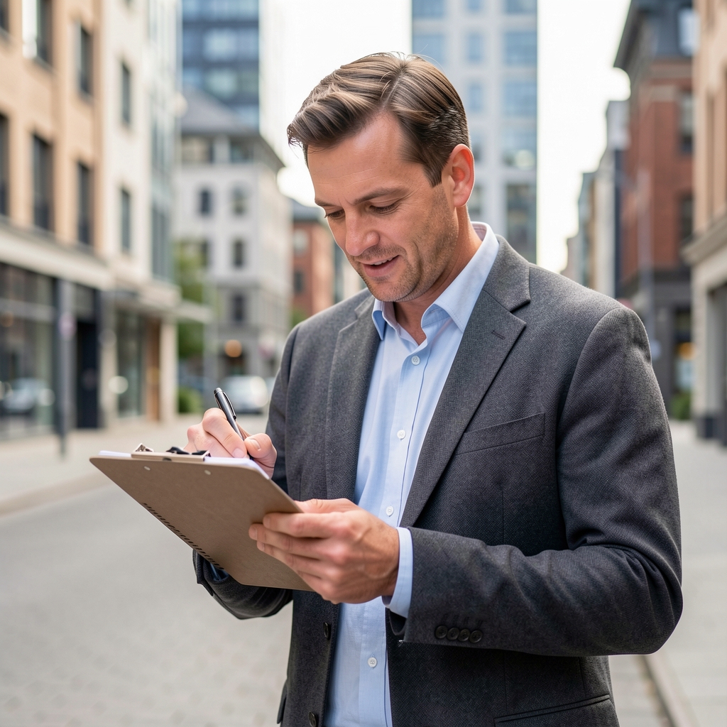 Redakteur im Freien beim Notieren von Beobachtungen, Klemmbrett in der Hand, urbaner Hintergrund