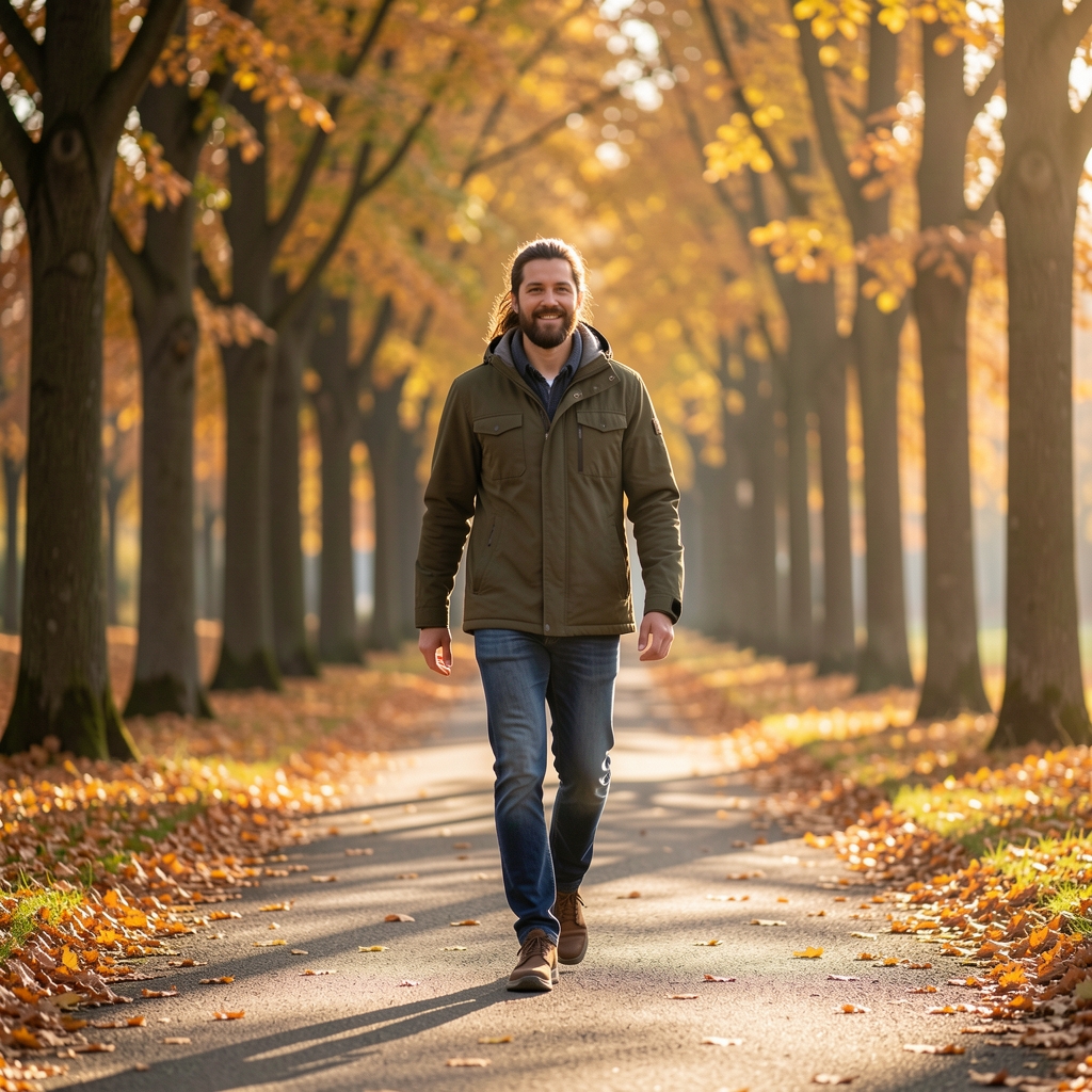 Person beim zügigen Spaziergang durch einen Berliner Stadtpark, Herbstlicht, aktiver Lebensstil