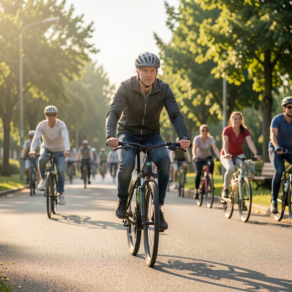 Person beim Radfahren auf einem Berliner Radweg, klares Morgenlicht, aktiver Alltag