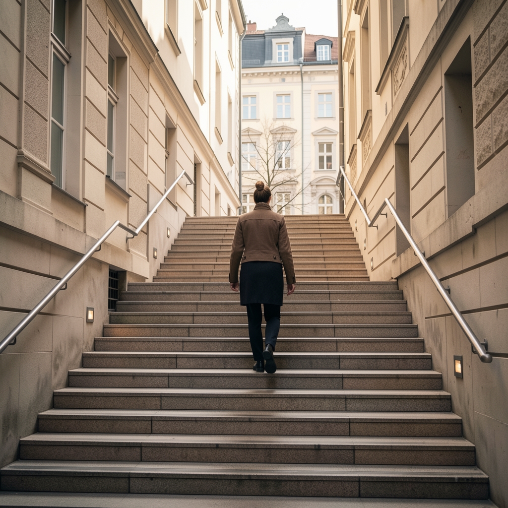 Treppe in einem Stadtgebäude, Person steigt Stufen statt Aufzug zu nehmen, Alltagsbewegung
