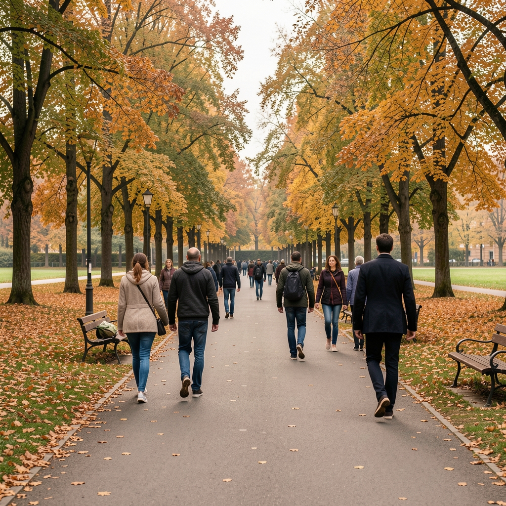 Park in Berlin, mehrere Personen auf Gehwegen und Wegen, herbstliche Atmosphäre, Gemeinschaftsbewegung