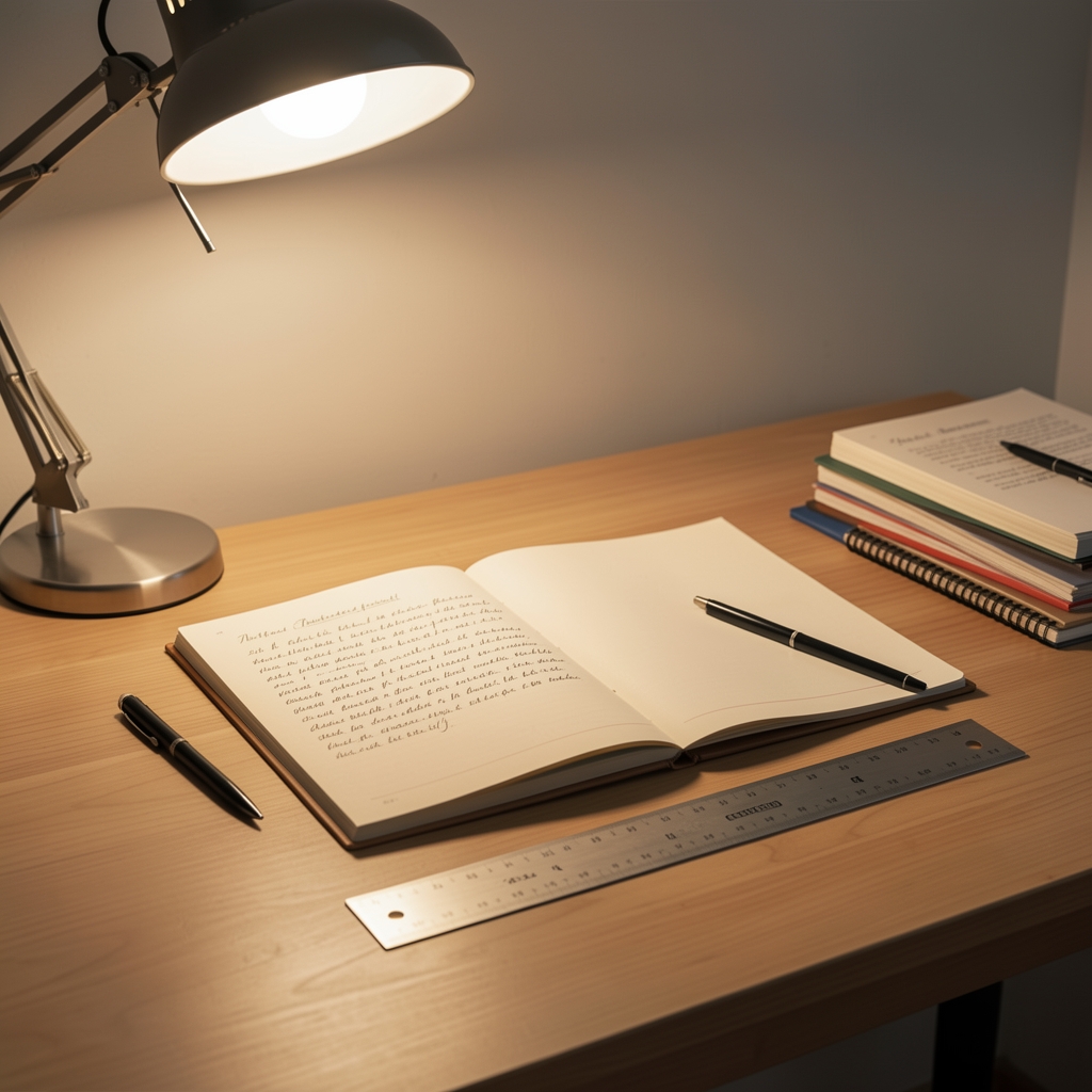Aufger&auml;umter Arbeitstisch mit handschriftlichen Protokollheften, Lineal und Stift unter warmem Studioleuchten
