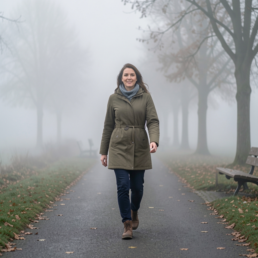 Frau beim morgendlichen Spaziergang in einem Berliner Park, Nebel, ruhige Bewegungsroutine