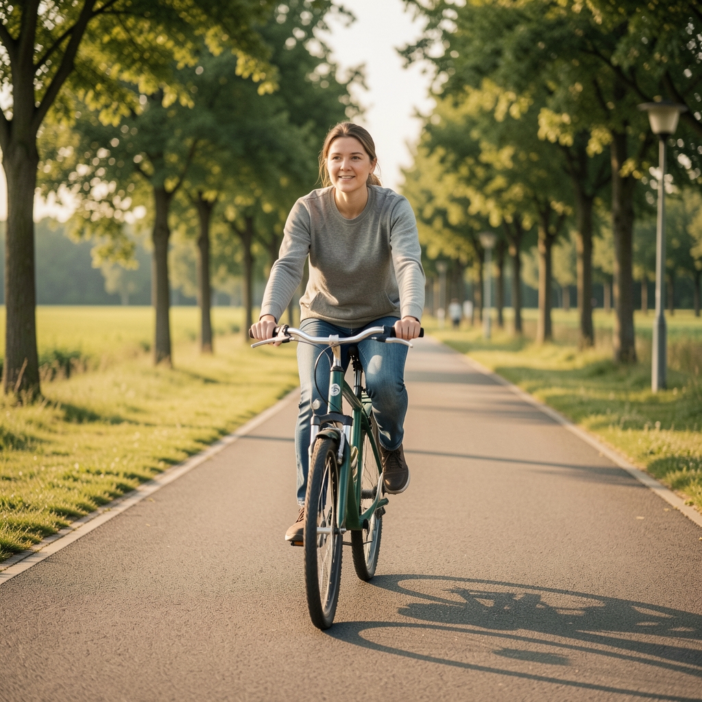 Person auf ruhigem Radweg in Berliner Vorort, entspannte Fahrt, sanfte Alltagsbewegung