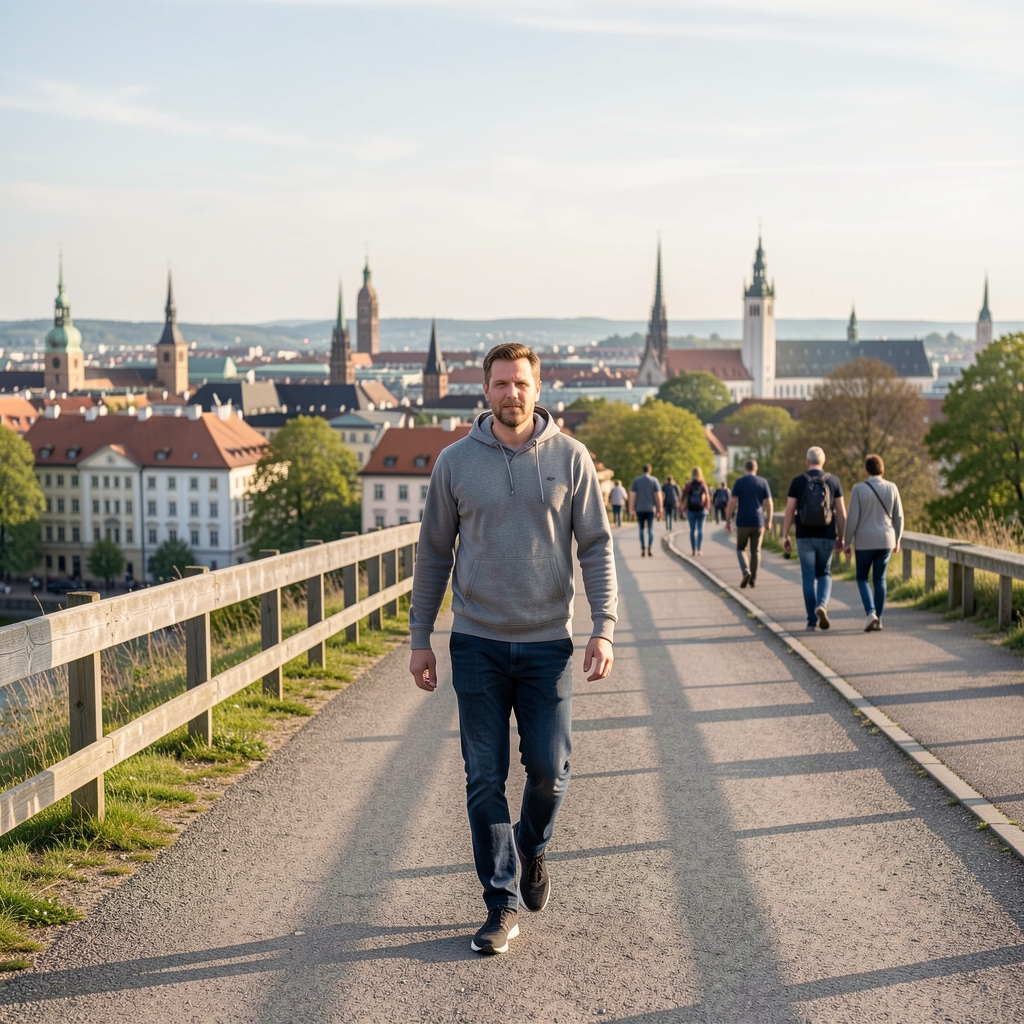 Person beim flottes Gehen auf einem langen Berliner Buürgersteig, Stadtpanorama im Hintergrund, aktiver Alltag