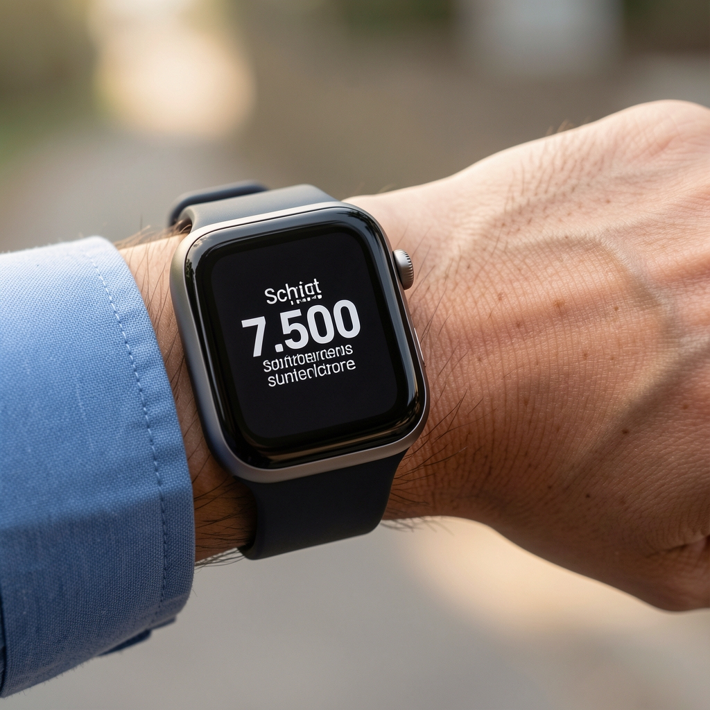 Smartwatch an Handgelenk zeigt Schrittziel 7.500 Schritte erreicht, Nahaufnahme, Motivation und Erfolg