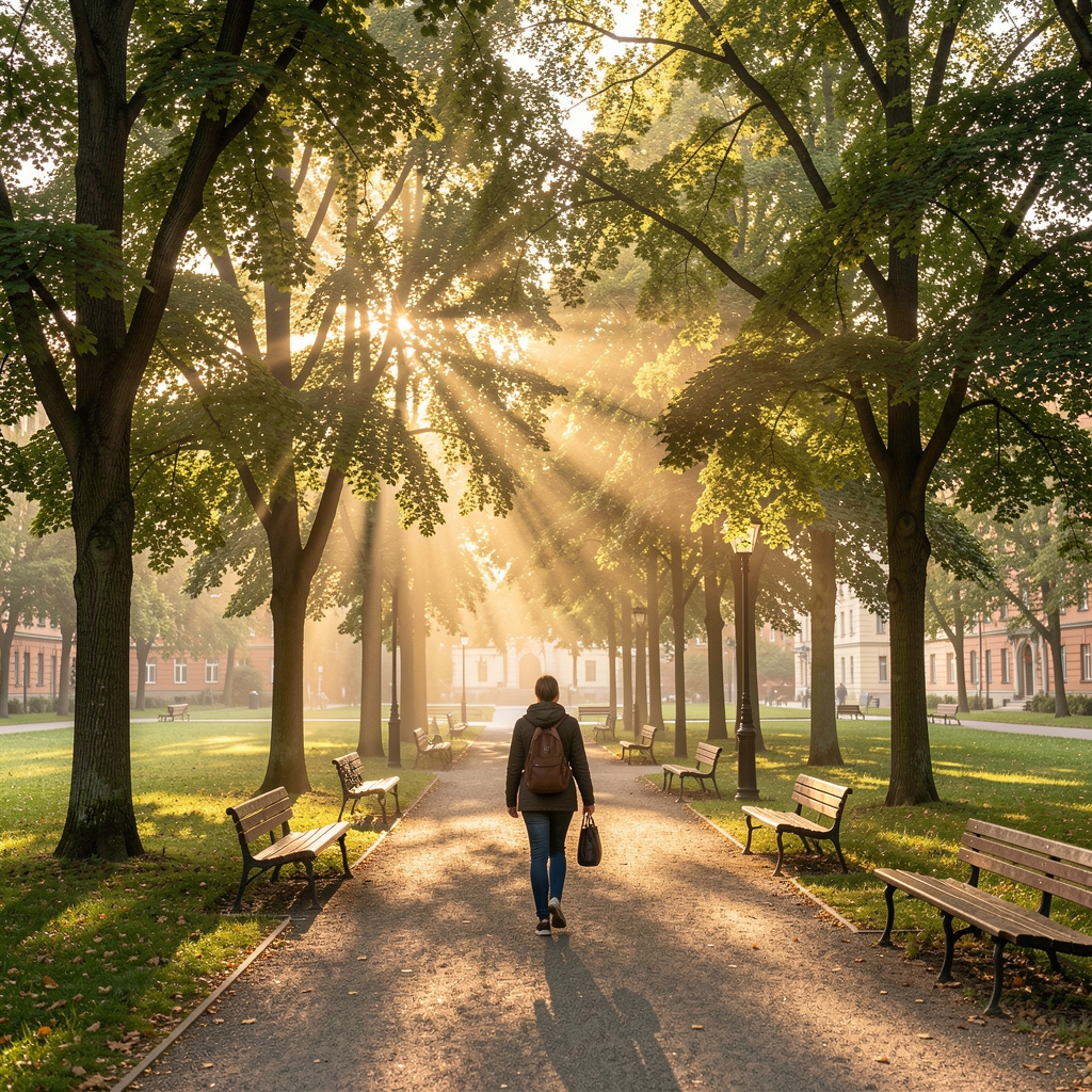 Stadtpark in Berlin frühmorgens, Licht fällt durch Bäume, eine Person beim Morgenspaziergang