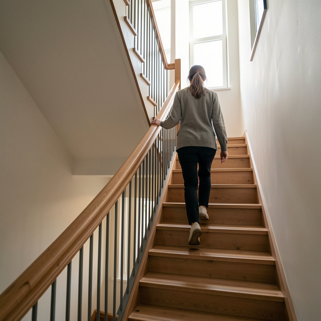 Treppenhaus in Berliner Wohnhaus, Person steigt Treppe hoch, Alltagsbewegung als bewusste Entscheidung